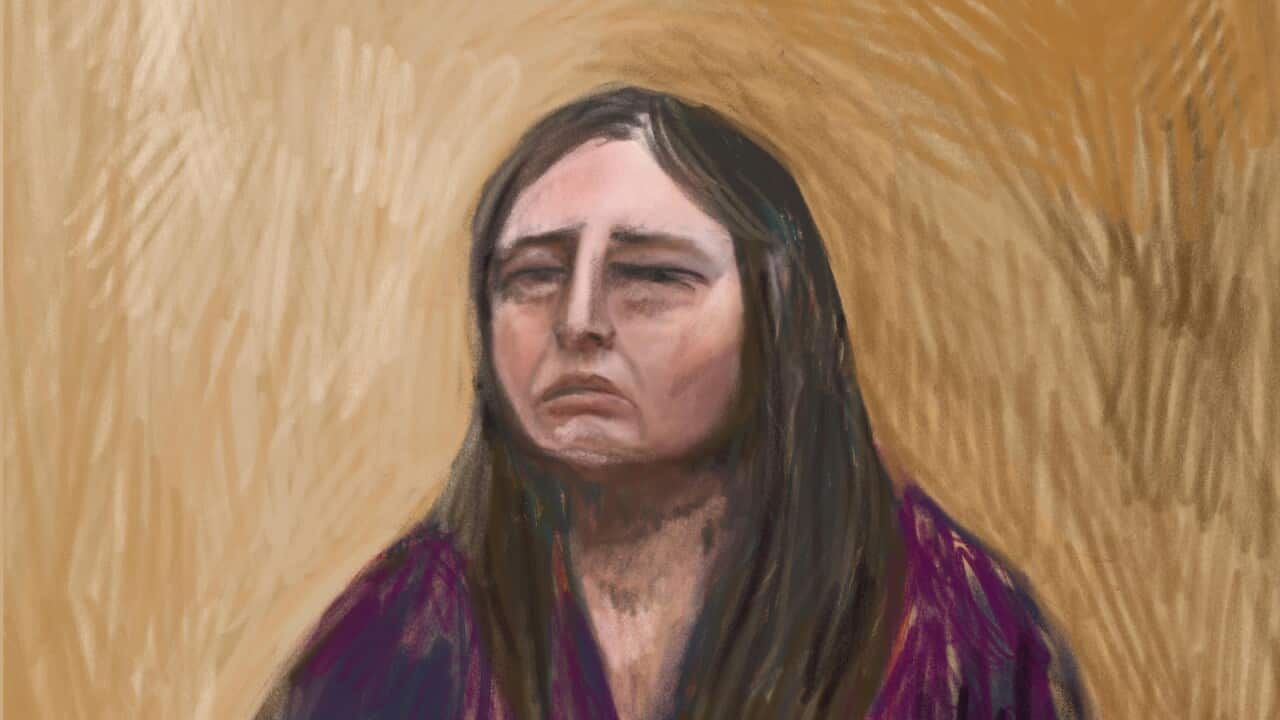 A courtroom sketch of a woman wearing a purple top, with long brown hair.
