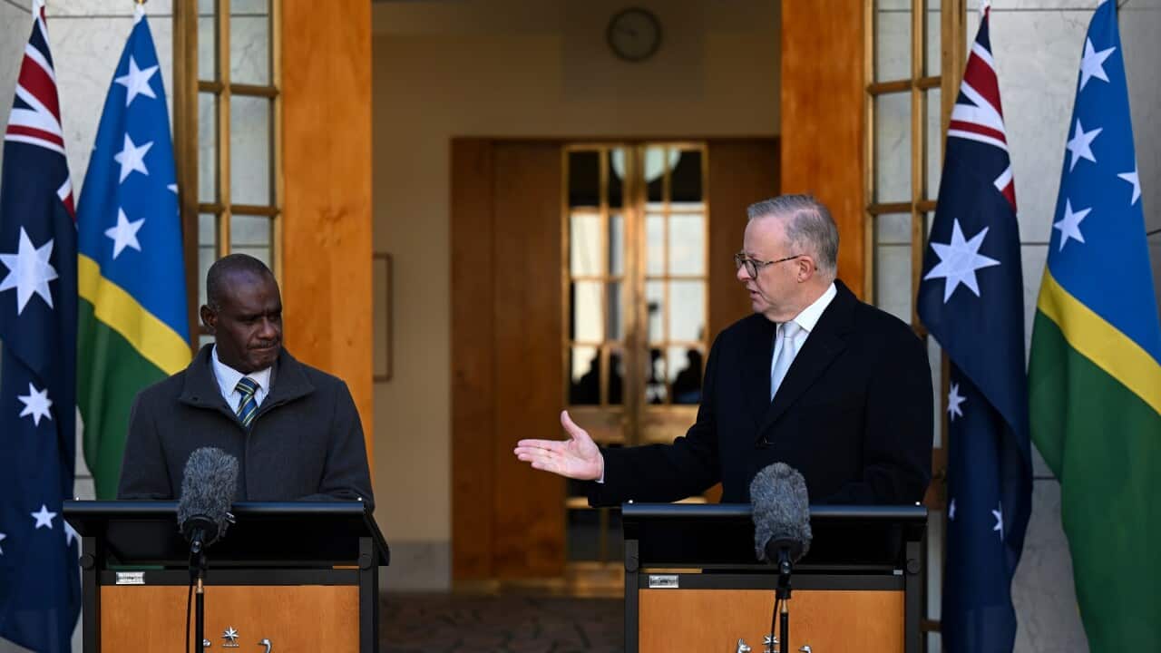 Solomon Islands Prime Minister Jeremiah Manele with Australian PM Anthony Albanese (AAP)