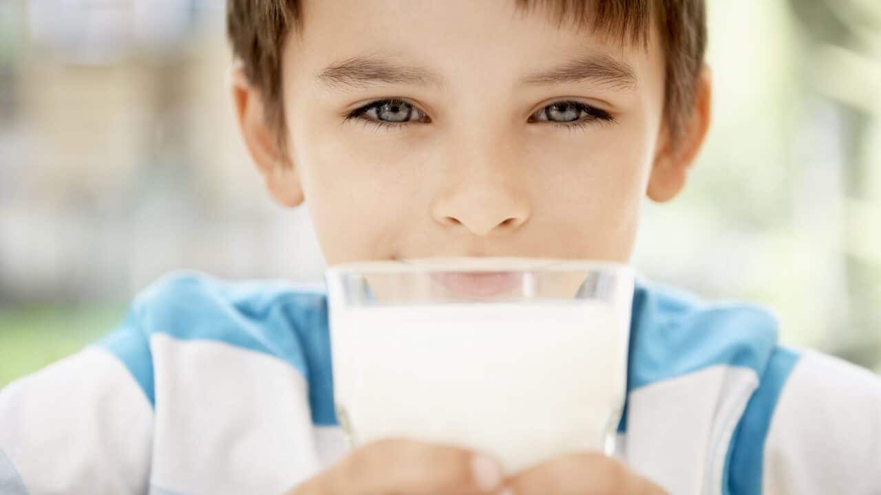 A young boy with a glass of milk