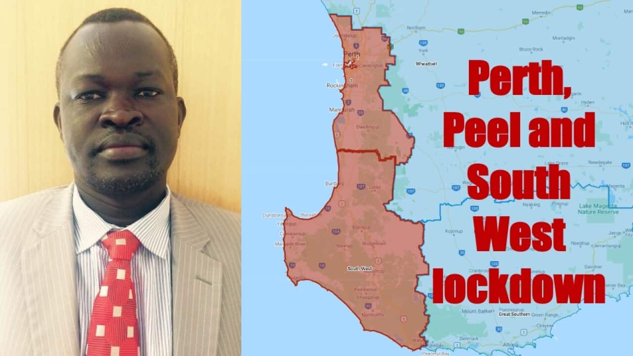 Image of South Sudanese community leader Akuot Achiek Akuot and the map of WA lockdown