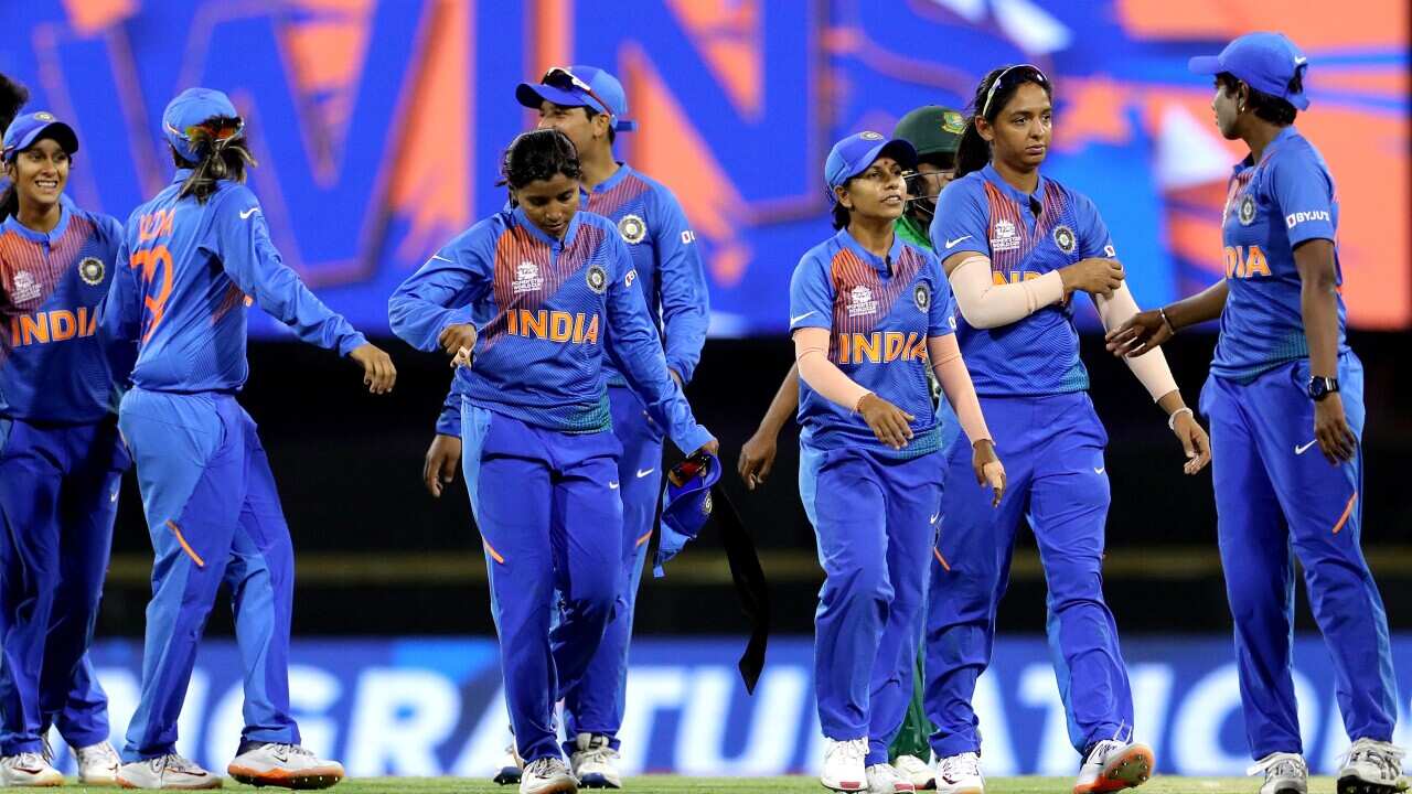 India leaves the field after winning the Women's T20 World Cup cricket match between India and Bangladesh at the WACA Ground in Perth, Monday, February 24.