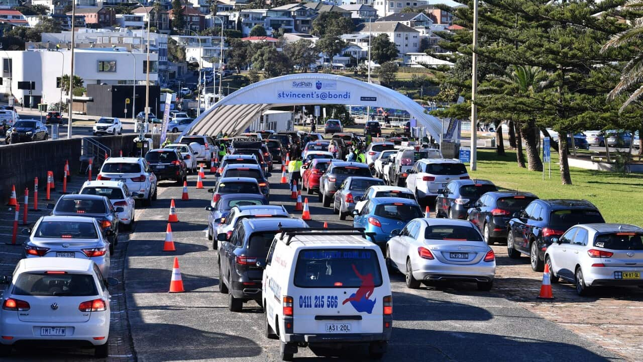 Cars line up for Covid-19 testing at Bondi in Sydney, Thursday, June 17, 2021. 