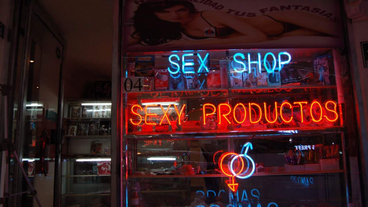 Outside a sex store