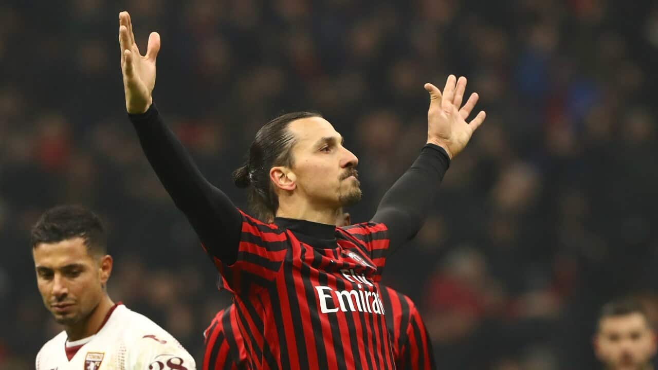 Zlatan Ibrahimovic celebrates a goal for AC Milan