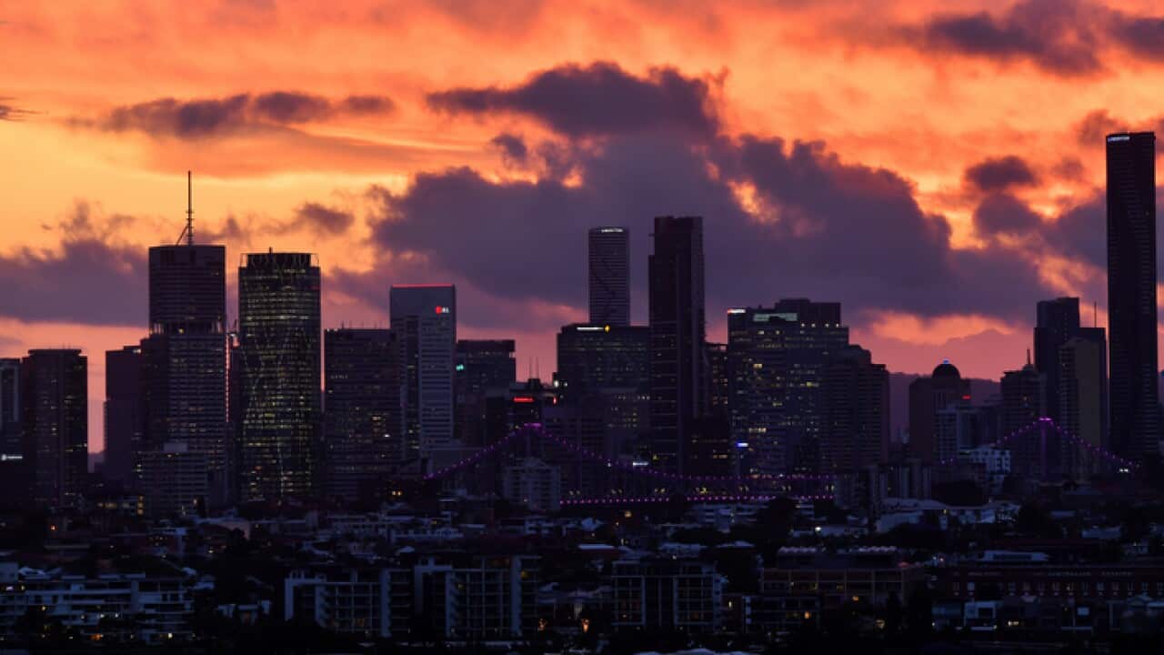 The Brisbane skyline at sunset