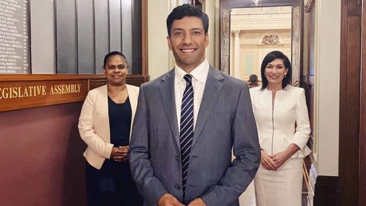 QLD's newest MP, Lance McCallum with Environment Minister, Leeanne Enoch, and backbencher, Cynthia Lui, 19 May, 2020. 