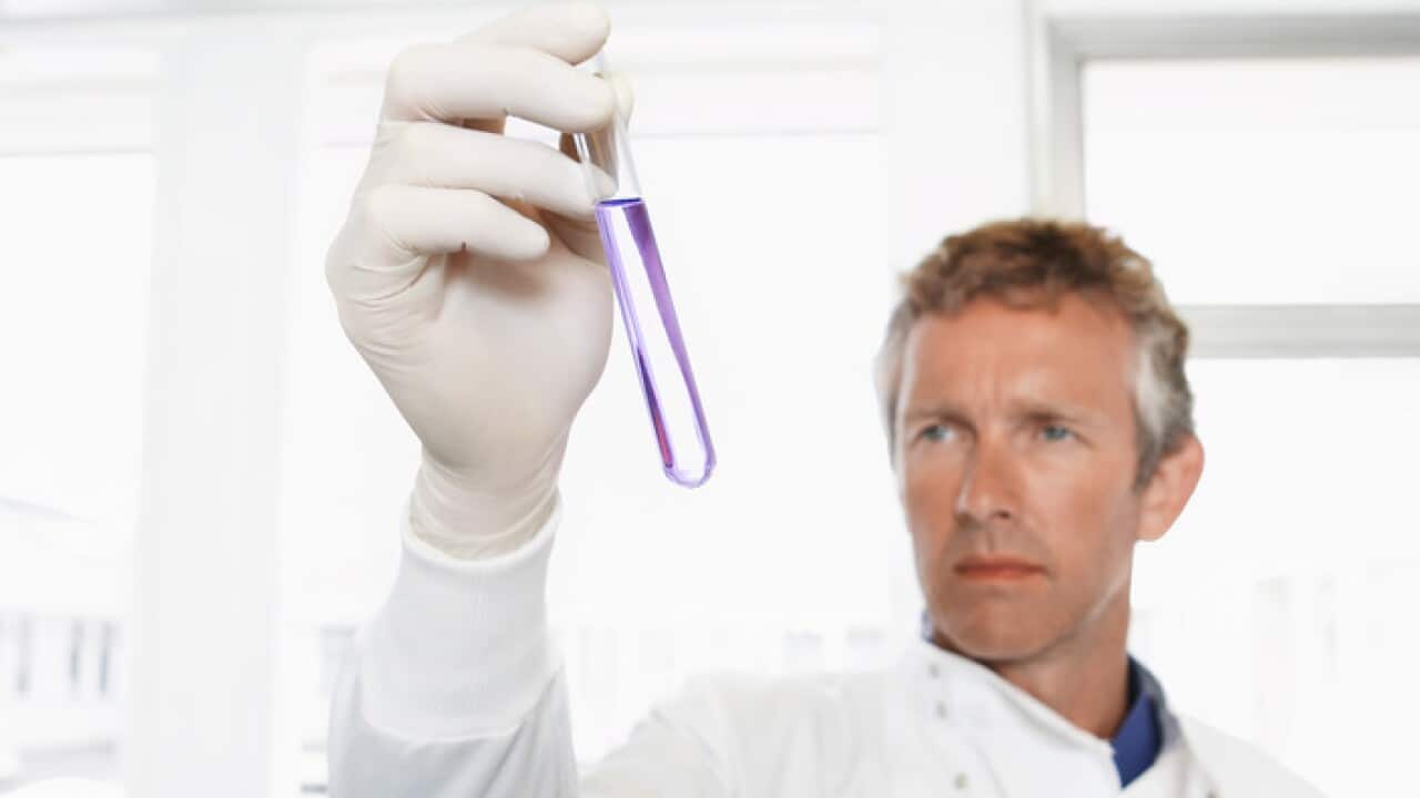 A male lab worker holds a test tube to the light