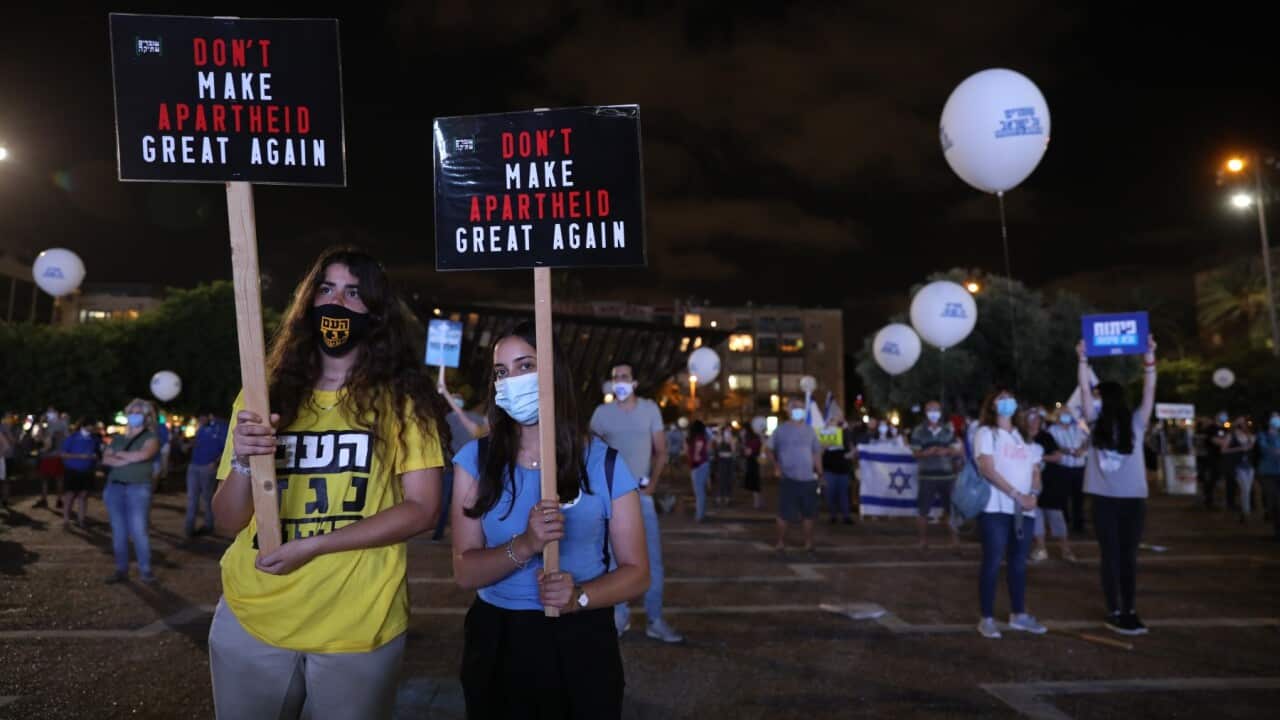 Israelis protest against the Israeli plan to annex territories from the West Bank