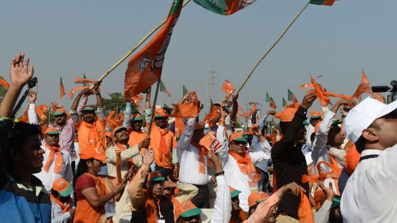 Supporters of BJP at Bhaat village near Ahmedabad