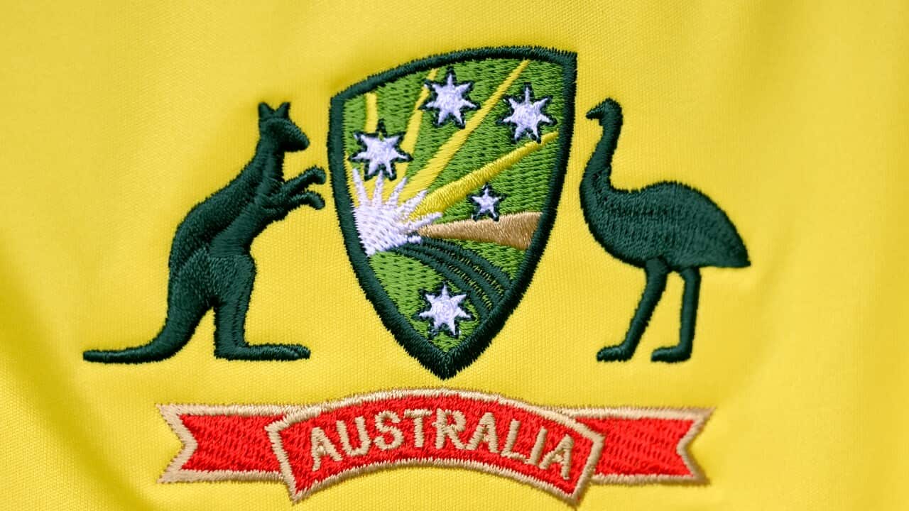 An Australian coat of arms and a banner that reads “Australia“ on a yellow shirt.