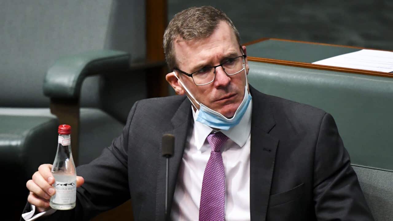 Liberal member for the seat of Aston Alan Tudge reacts during House of Representatives Question Time at Parliament House in Canberra, Tuesday, March 29, 2022. (AAP Image/Lukas Coch) NO ARCHIVING