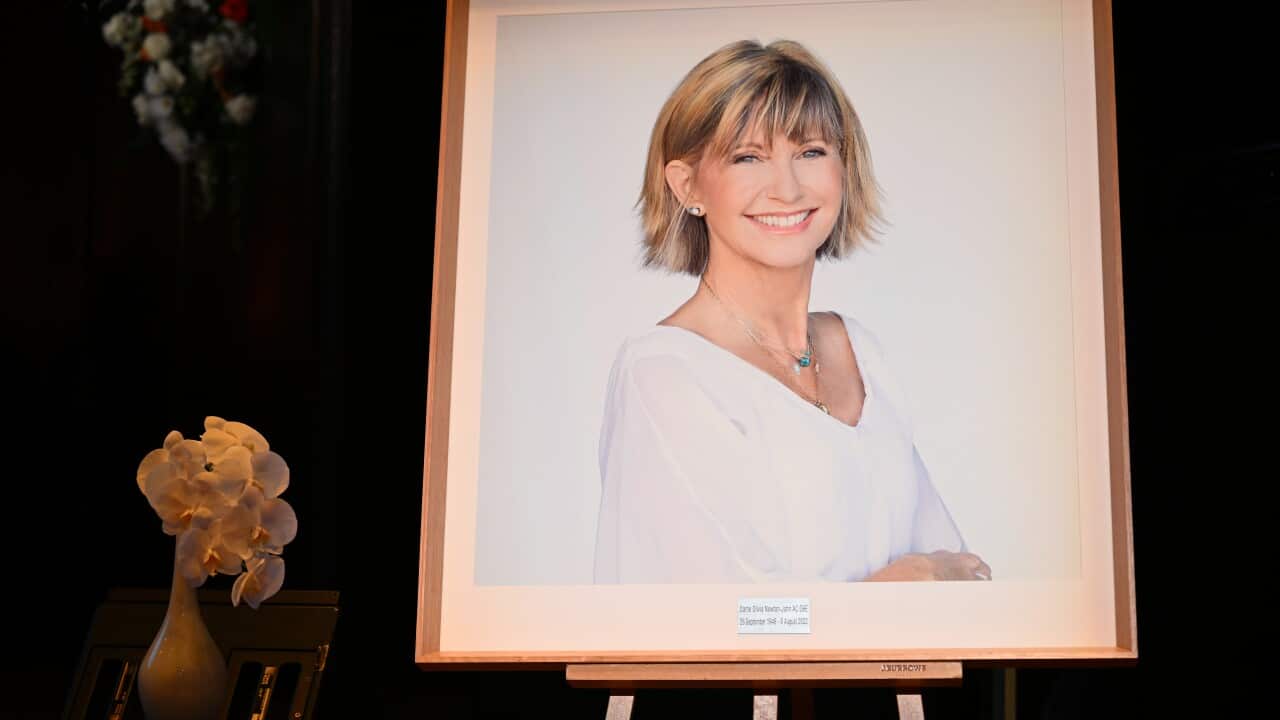 A photo of Olivia Newton-John displayed at her memorial service