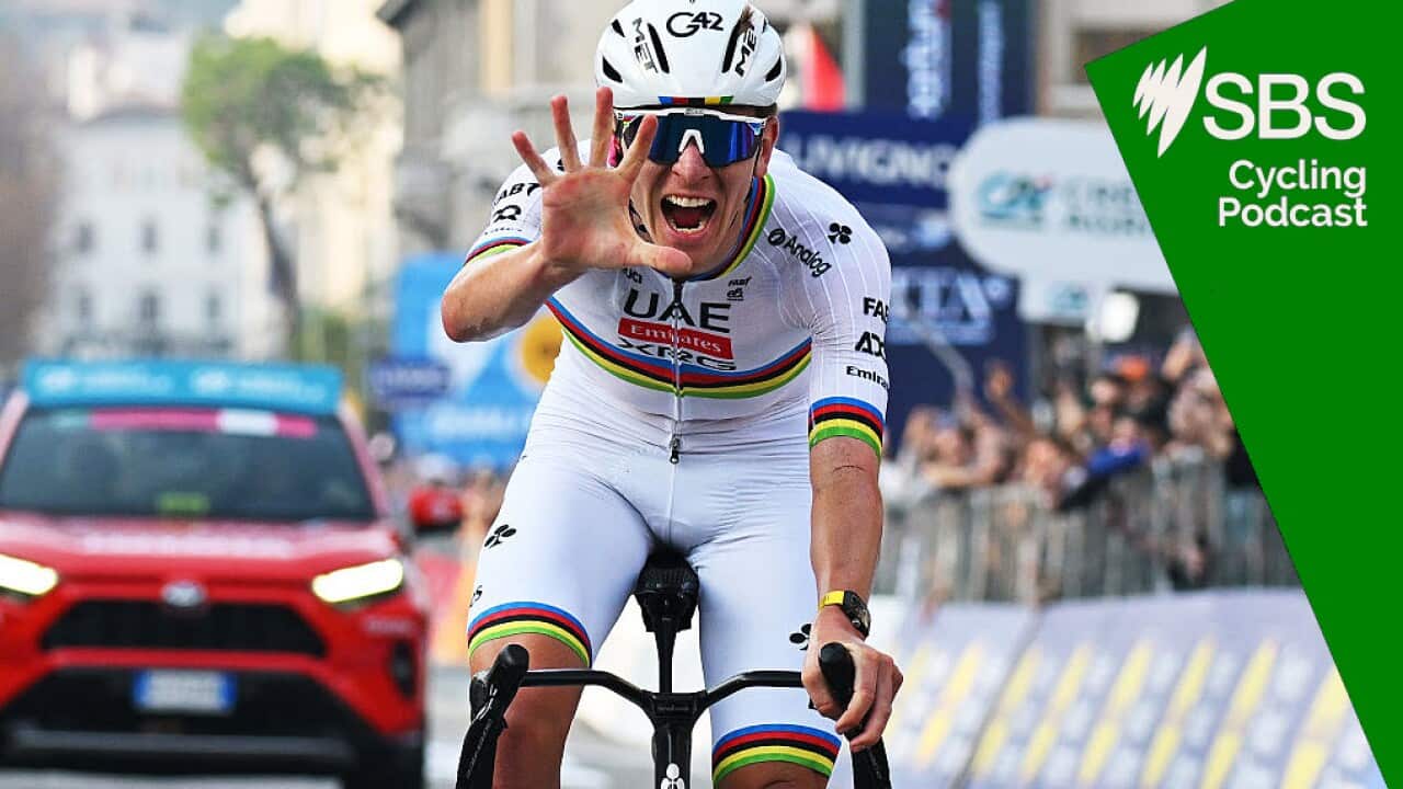 BERGAMO, ITALY - OCTOBER 11: Tadej Pogacar of Slovenia and Team UAE Team Emirates celebrates at finish line as race winner during the 119th Il Lombardia 2025 a 241km one day race from Como to Bergamo on October 11, 2025 in Bergamo, Italy. (Photo by Dario Belingheri/Getty Images)