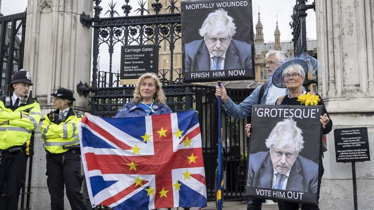 Three protesters standing out the front of the UK parliament building. One is holding a flag with European stars over the union jack, another holds a sign saying "mortally wounded, finish him now", while another reads "'grotesque', vote him out."