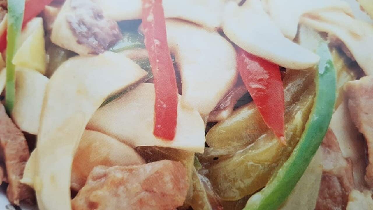 stir fried pickle, pork strips and king trumpet mushroom