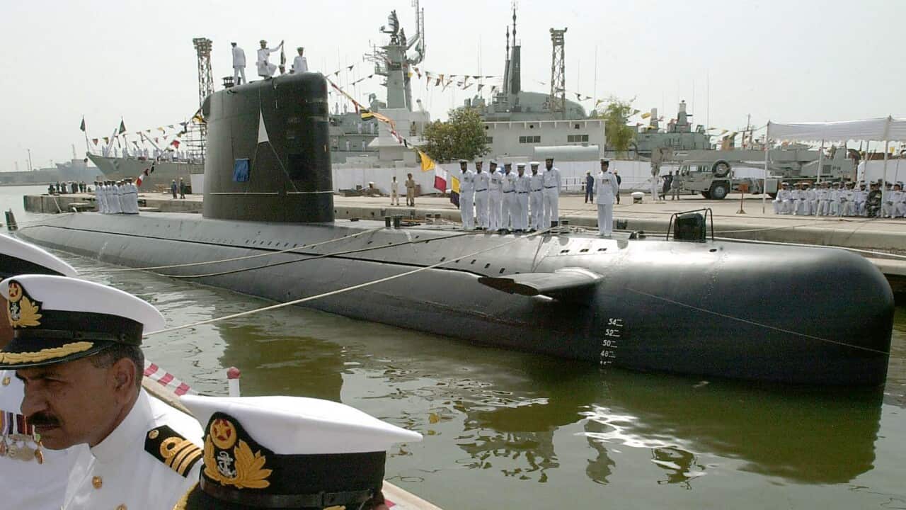 "Pakistan Submarine Saad", the first Pakistan Navy indigenously built submarine, launches at Pakistan Navy Shipyard Khalid in Karachi.
