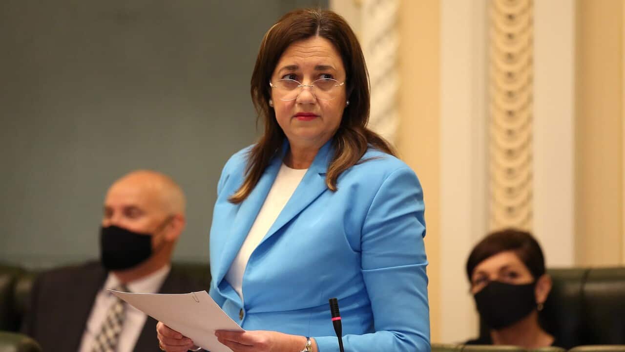Queensland Premier Annastacia Palaszczuk speaks during Question Time at Parliament House in Brisbane, Thursday, September 2, 2021. (AAP Image/Jono Searle) NO ARCHIVING