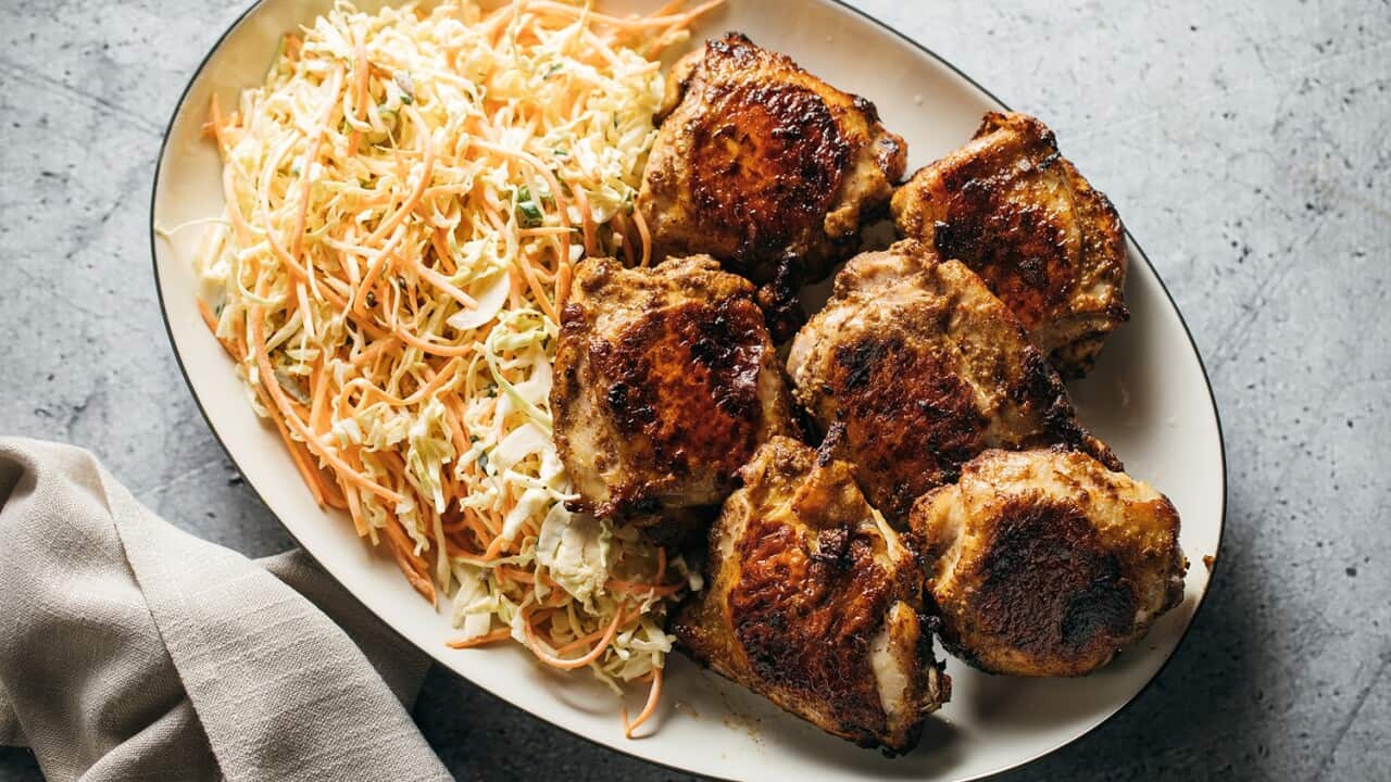 Sumac yoghurt marinated chicken with quick slaw SBS The Cook Up with