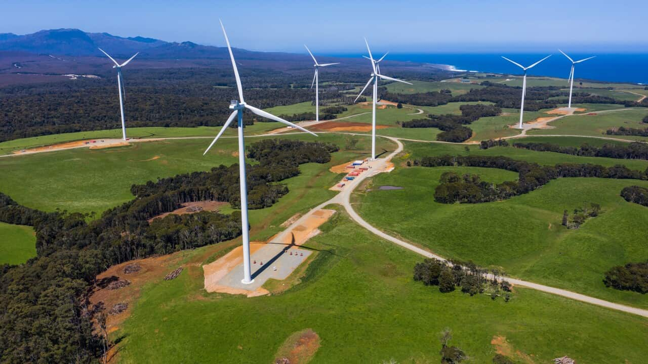 Aerial view of wind turbines