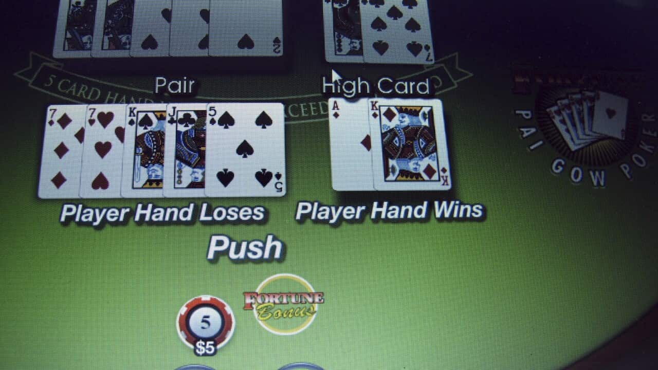 A digital screen showing cards and poker chips against a green background.