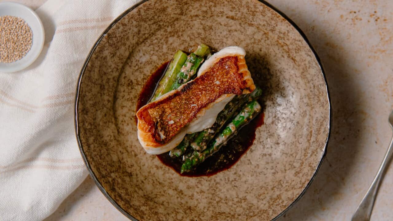 Red emperor, tamari & yuzu sesame dressed asparagus