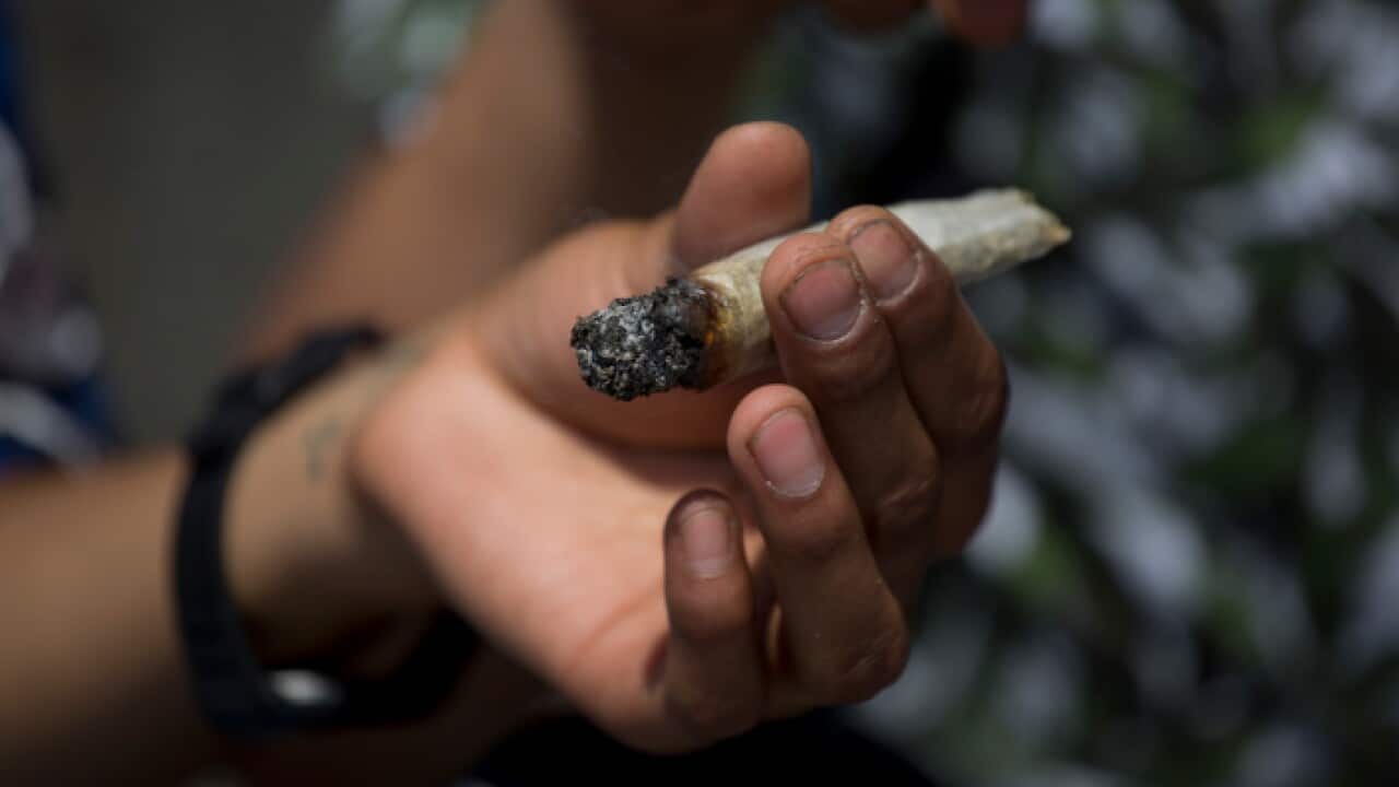 A young man shares a marijuana cigarette during a celebration of Cannabis International Day in Mexico City,