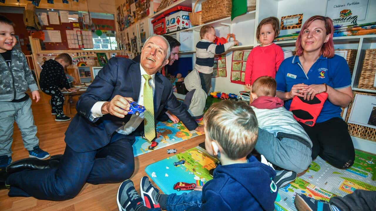 Australian Prime Minister Malcolm Turnbull is seen during a visit to the Mud Puddles Cottage Child Care Centre in Sydney, Monday, July 2, 2018. 