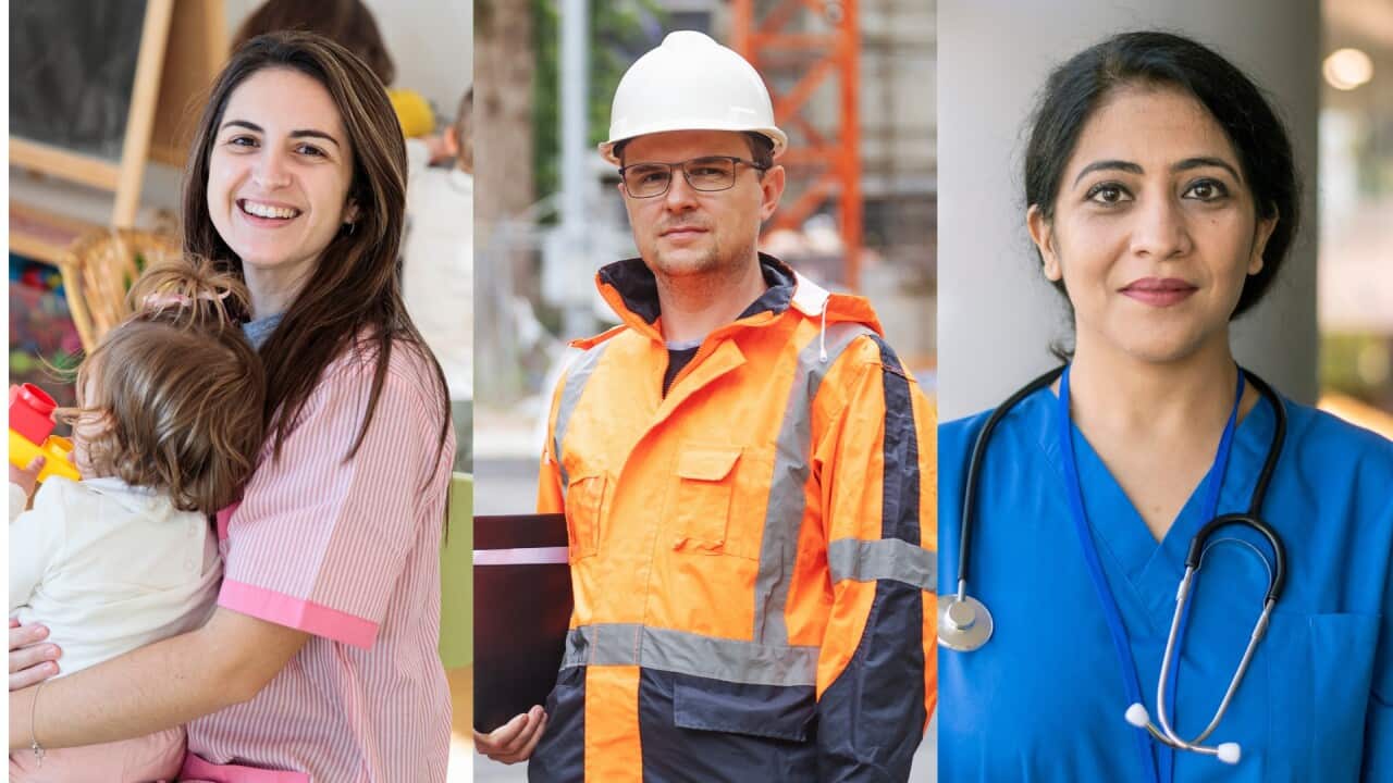 A three-split image of a child carer, construction manager and nurse. 