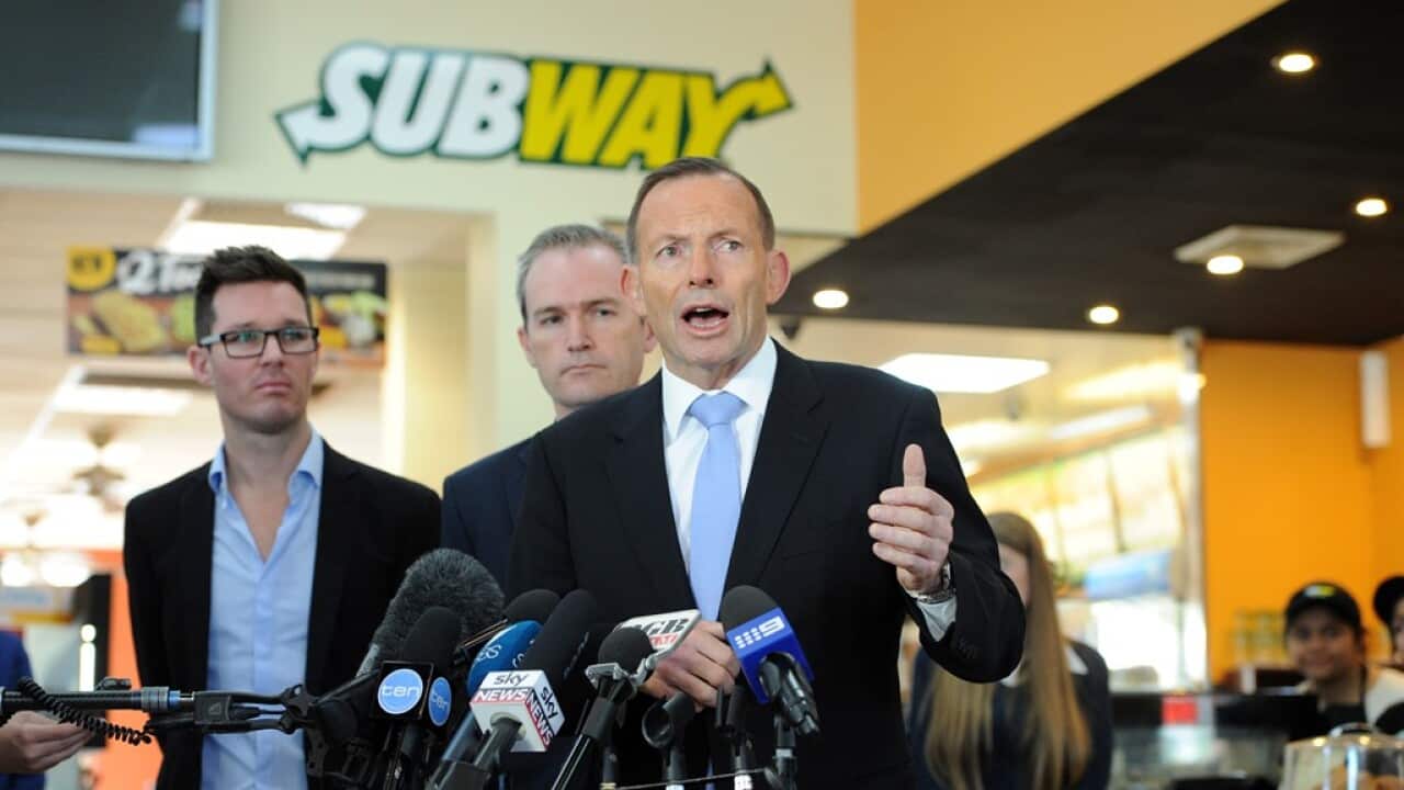 Australian Prime Minister Tony Abbott visits a small business at Mortdale in Sydney's south, Friday, June 5, 2015. (AAP Image/Joel Carrett) NO ARCHIVING, EDITORIAL USE ONLY