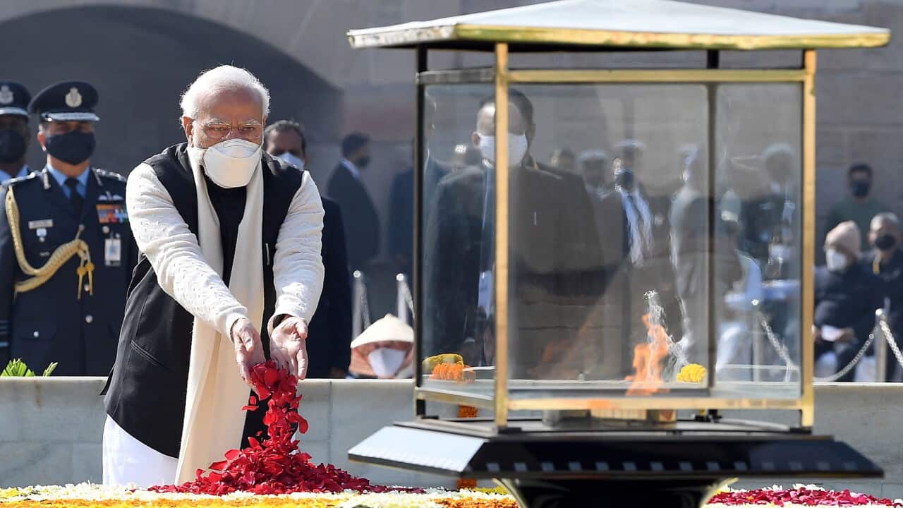 Indian PM Narendra Modi paying tribute to mark the annual Martyrs' Day at the Raj Ghat Mahatma Gandhi memorial, in New Delhi, India, 30 January 2022.