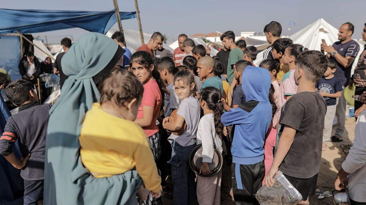 Children queue for food