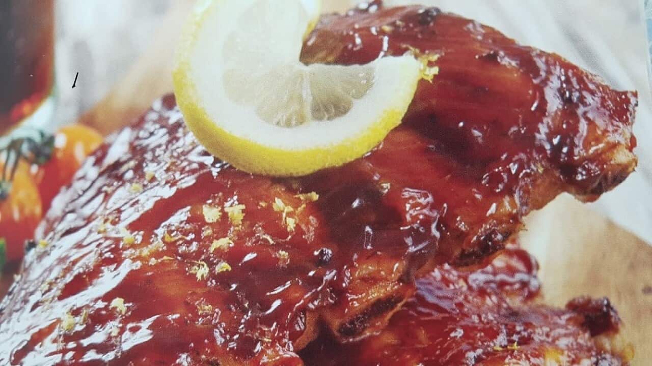 Roasted pork rib with lemon and cola sauce