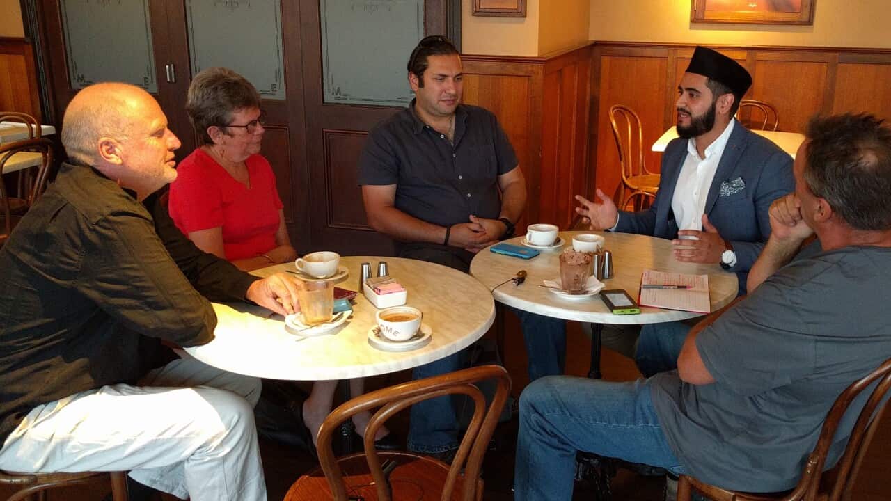 Coffee and Islam (L-R) Greg Clark, Kirsty Brown, Mohammed Ghonem, Imam Kamran Tahir, Gary Allen