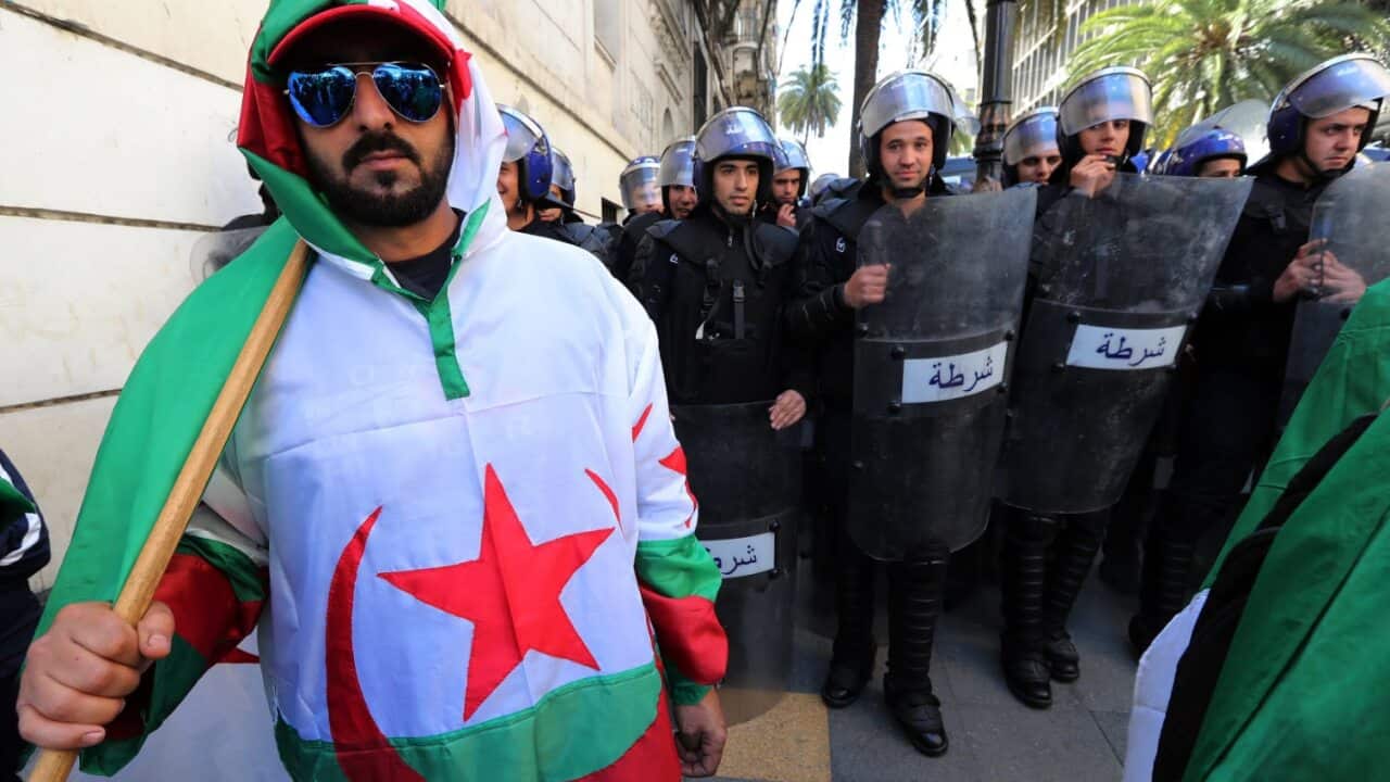 An Algerian protests against President Abdelaziz Bouteflika in Algiers, Algeria, 29 March 2019.