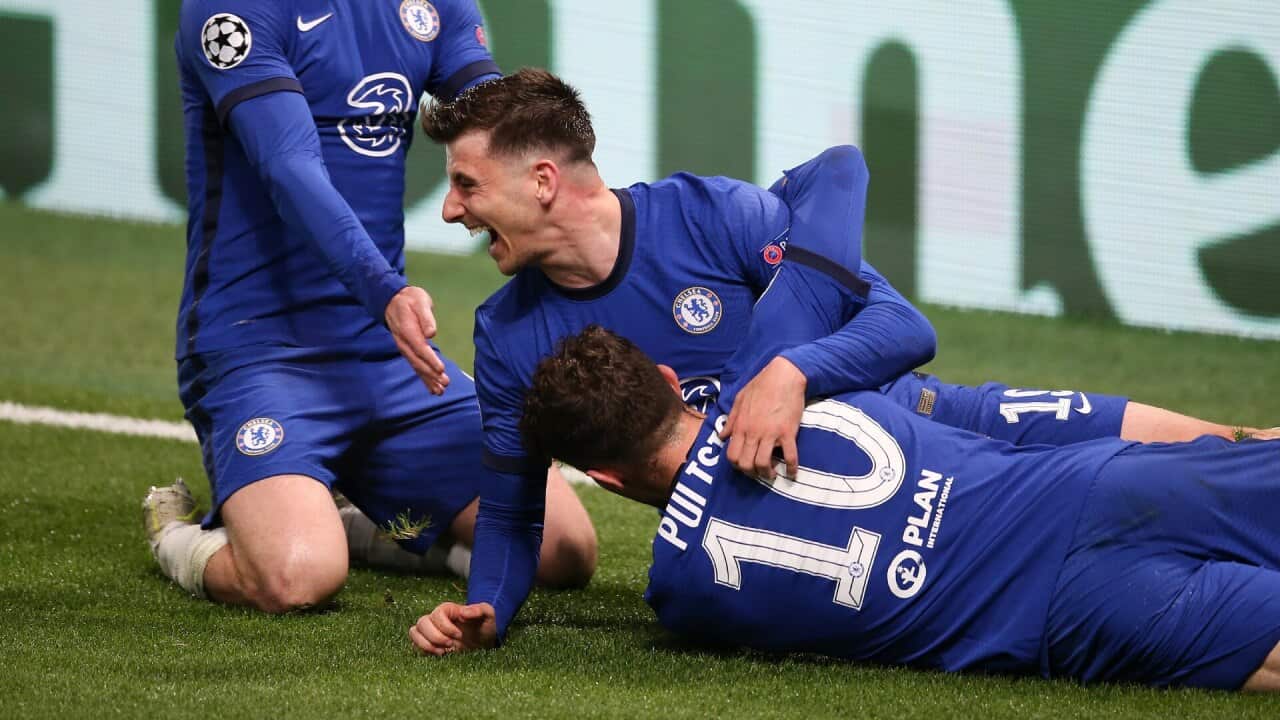 Chelsea players celebrate their first goal against Real Madrid