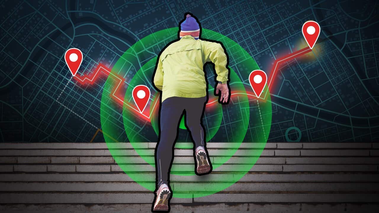 Graphic of a man climbing up the stairs.