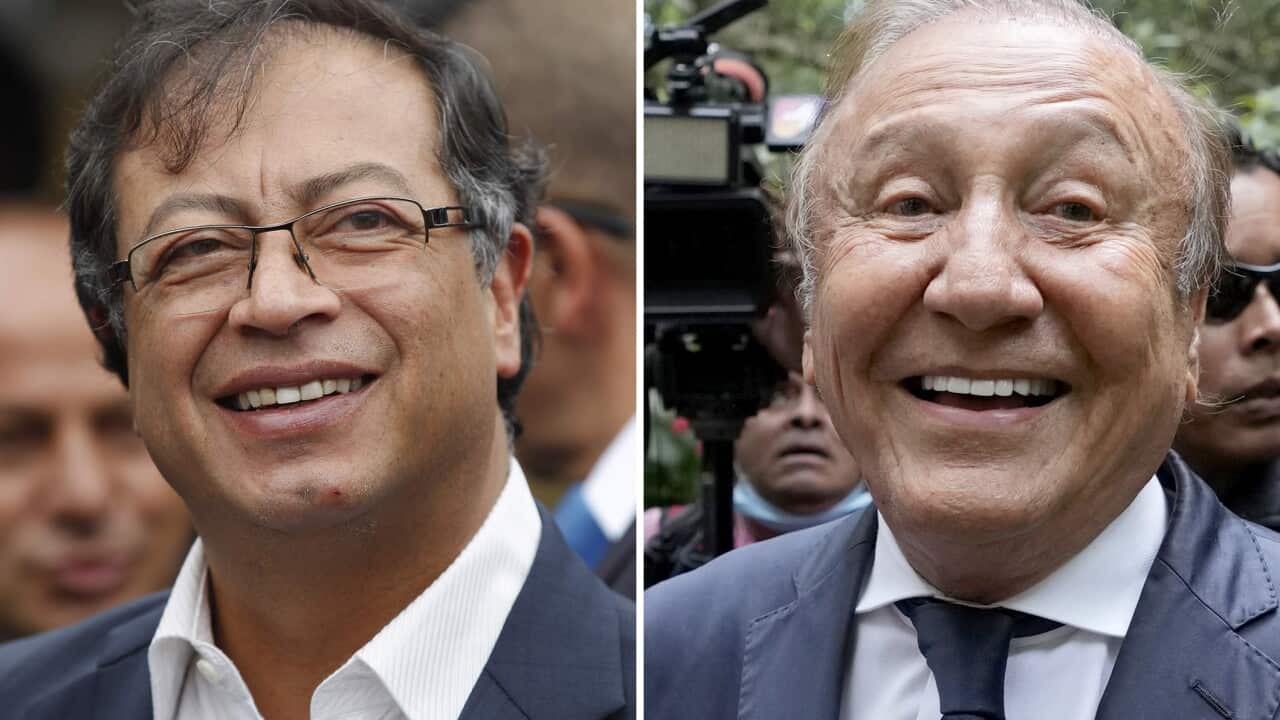 This combination of photos shows Colombian presidential candidates: Gustavo Petro, left, on June 17, 2018, and Rodolfo Hernandez, on June 2, 2022, in Bogota, Colombia.