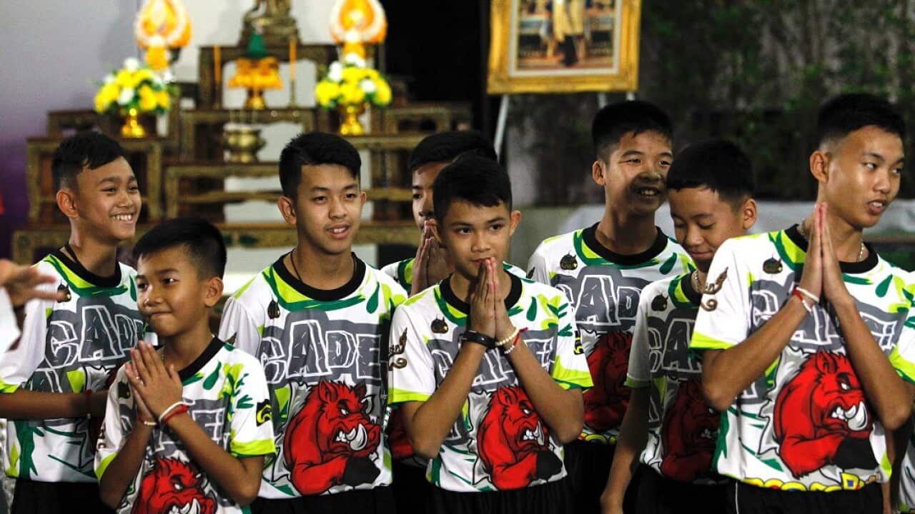 The boys as they speak with media on Wednesday about the Thai cave rescue. 