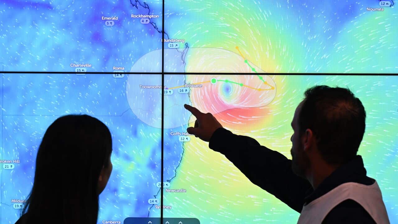 People looking at a meteorology map.