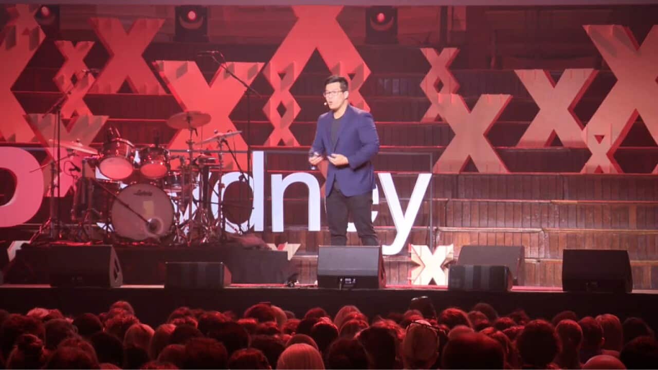 Sandersan Onie giving his TED talk at Sydney Town Hall (SBS).jpg