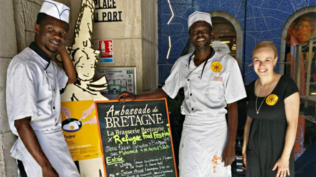 Mohamed, Mohamed Saleh and Jordan Piaget serving up a Soudenese-britany menu at l'Ambassade de Bretagne, as a part of the Refugee Food Festival 2017.