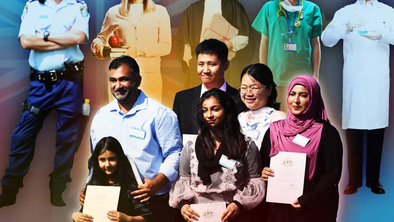 A composite image of a group of six people of different ages and ethnicities holding up citizenship certificates on a background with he Australian flag and five people representing different professions.