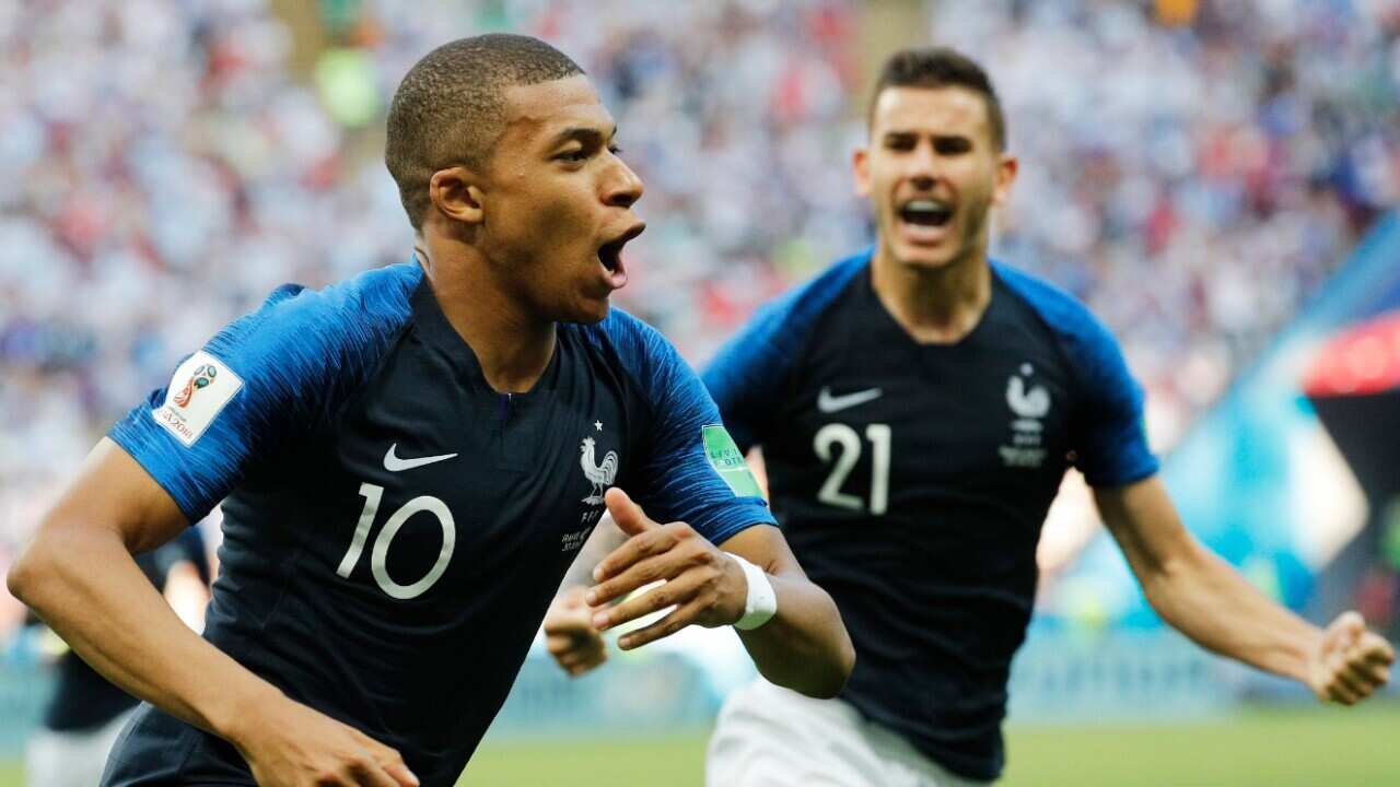 Kylian Mbappe of France celebrates scoring the 3-2 goal during the FIFA World Cup 2018 round of 16 soccer match between France and Argentina