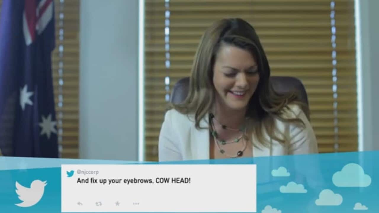 Greens Senator Sarah Hanson-Young is the latest politician to enter into the world of comedy, reading insulting messages in a YouTube video.