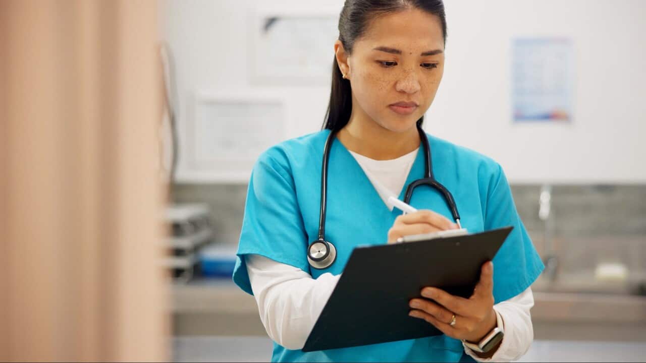 Asian woman, vet and writing with clipboard for results on animal medicine, study or diagnosis at clinic. Young female person or veterinarian taking notes for medical prescription or pet treatment
