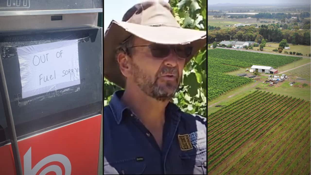 A three-way split image of a fuel pump with "Out of fuel, sorry" sign, a farmer in a vineyard, and an aerial view of farmland with crop rows and buildings.