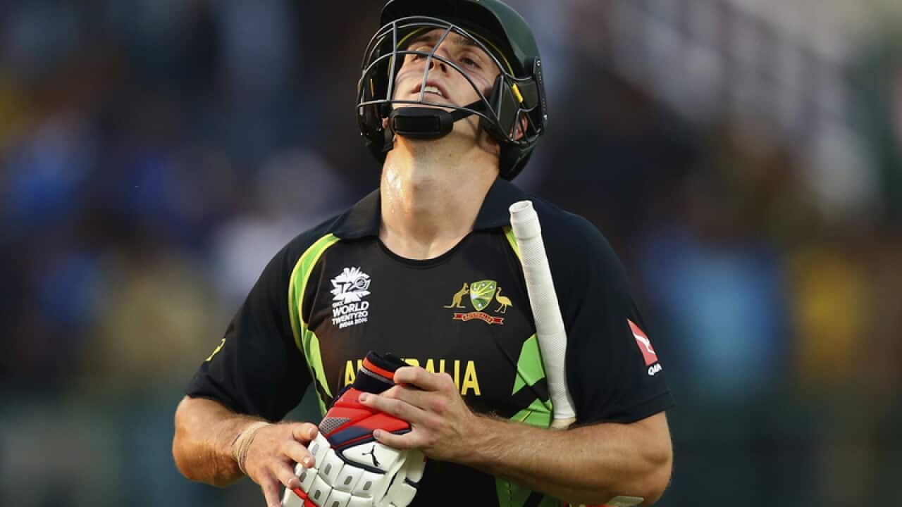 Mitchell Marsh of Australia looks dejected after being dismissed by Mitchell McClenaghan of New Zealand during the ICC World Twenty20 India 2016 Super 10s Group 