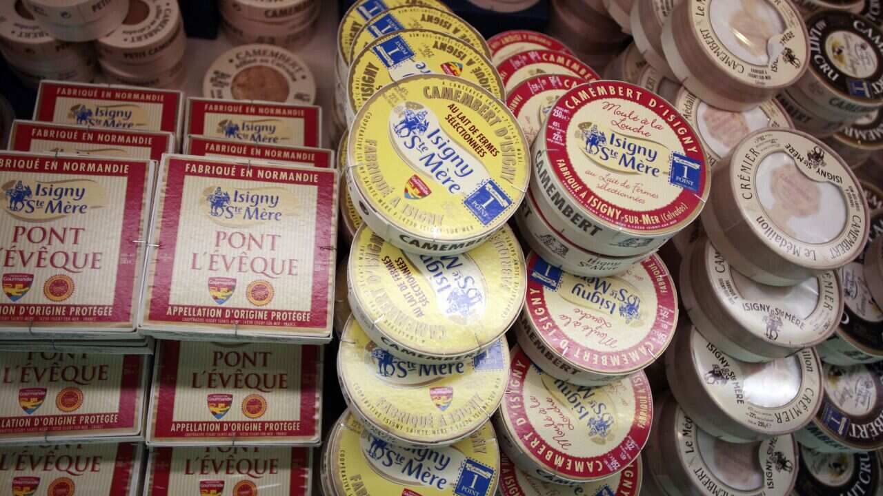 Different types of cheese are pictured at the Isigny-Sainte-Mere dairy co-operative in Isigny-sur-Mer, northwestern France, on April 4, 2014. (CHARLY TRIBALLEAU/AFP/Getty)