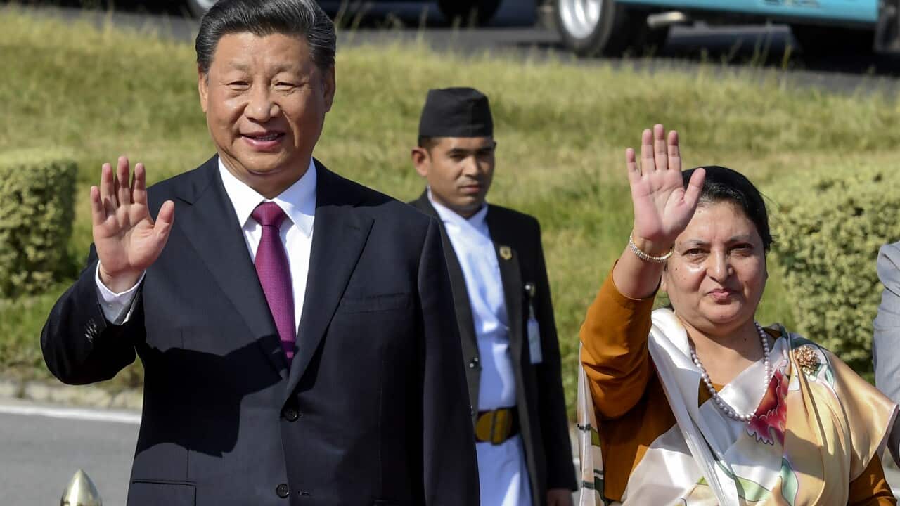 in Kathmandu, Nepal, Sunday, Oct. 13, 2019. Nepal and China signed 20 agreements on Sunday, including one on a trans-Himalayan railway, as Chinese President Xi Jinping wrapped up a two-day visit to the Himalayan nation. ()