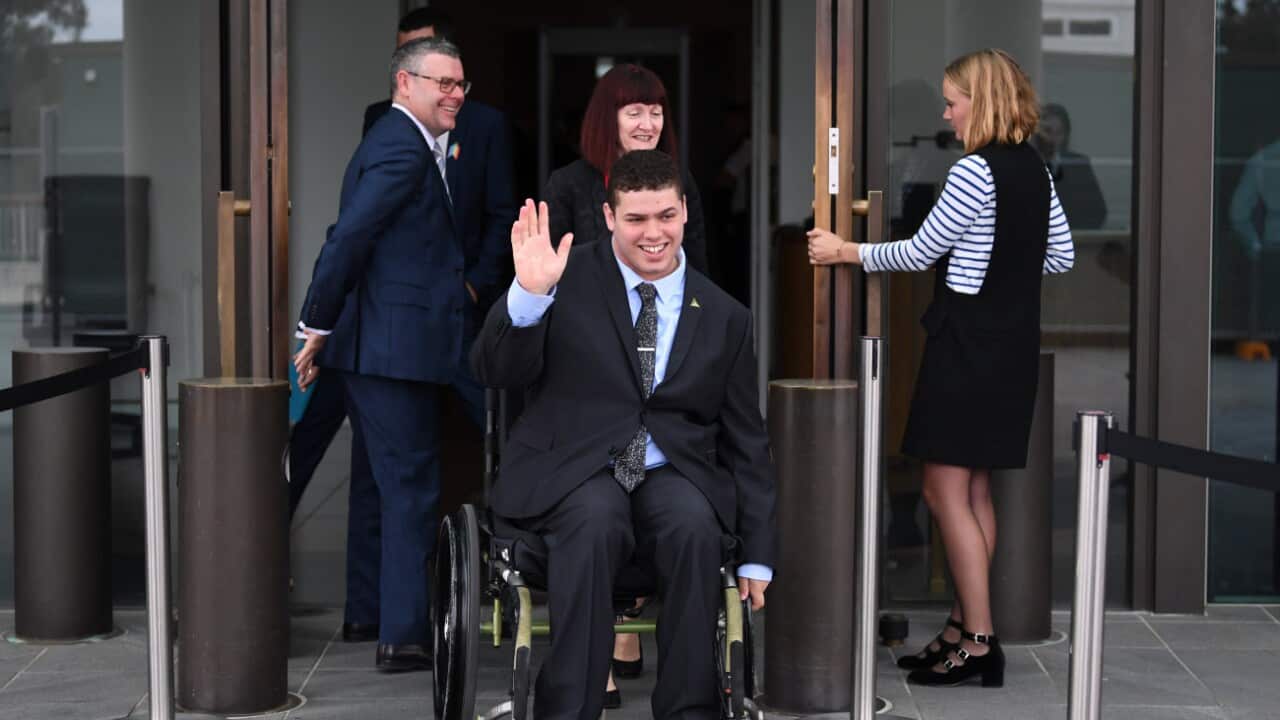 Australian Greens Senator elect Jordon Steele John arrives to speak to the media during a doorstop on November 13, 2017.